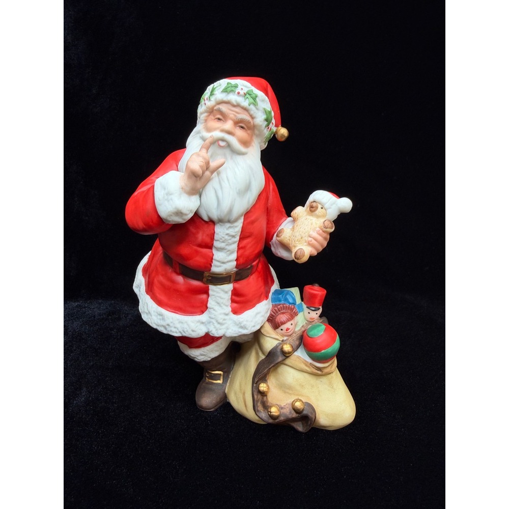 Vintage 1993 Avon Shushing Santa Claus Porcelain Christmas Figurine Toy Bag BOX